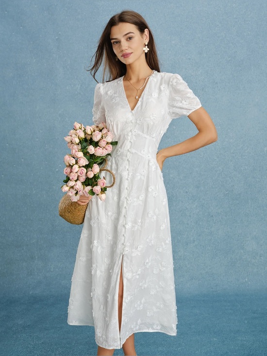 RIHOAS Dresses & Skirts - Rihoas White Puffed Sleeve Embroidery Midi Dress